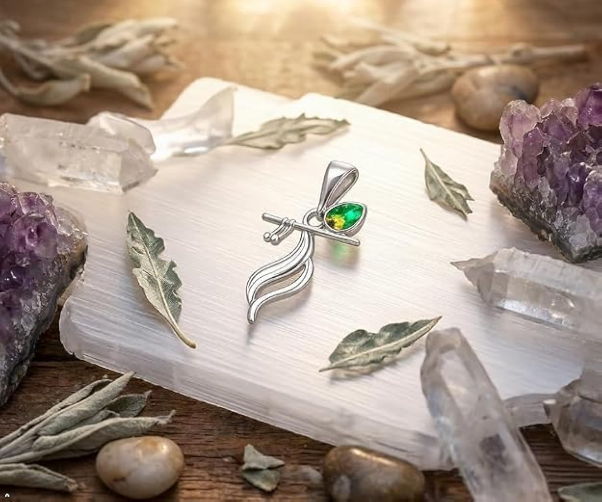 925 Sterling Silver Krishna Inspired Pendant, Bansuri & Green Stone Design